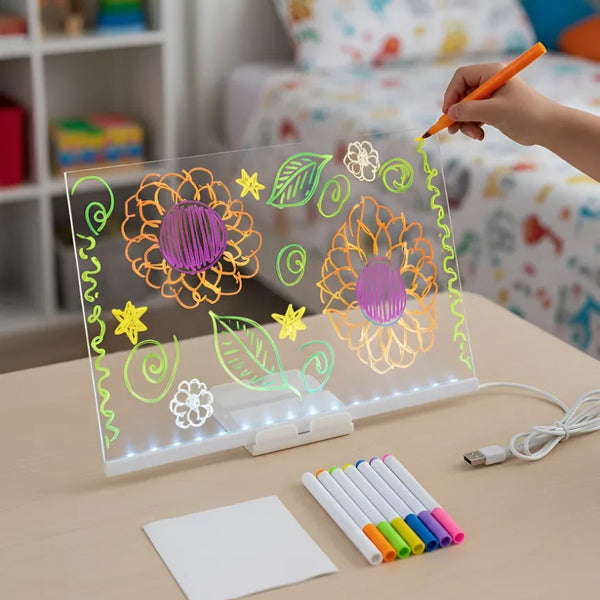 LED Acrylic Drawing Board for Kids | Reusable Glow Writing Board with 7 Neon Pens - Large Size (12×8 inches)