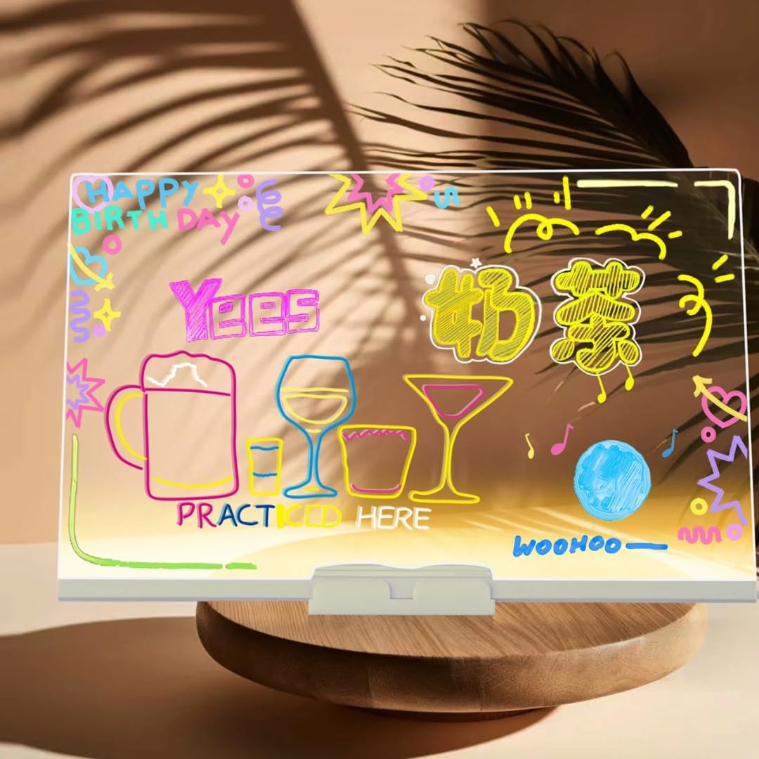 LED Acrylic Drawing Board for Kids | Reusable Glow Writing Board with 7 Neon Pens - Large Size (12×8 inches)
